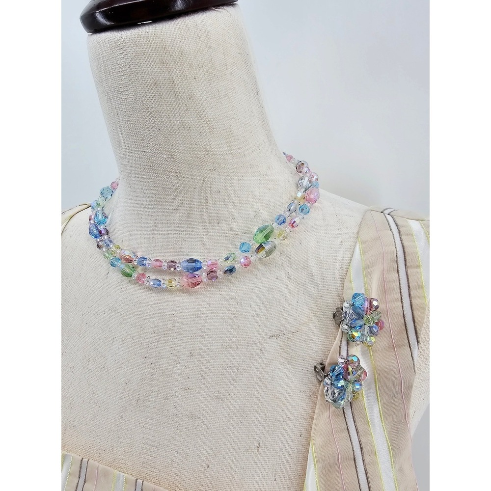 Vintage Aurora Borealis Pastel Crystal Double-Strand Necklace & Clip-On Earrings